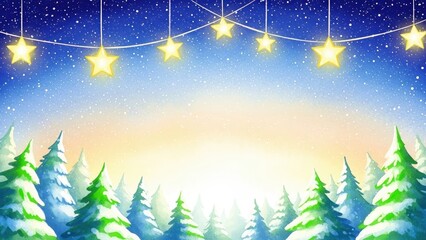Naklejka premium Magical Winter Night with Glowing Stars, Falling Snow, and Pine Trees
