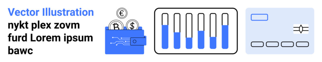 Wallet with coins, bar graph depicting financial growth, interface elements for analytics. Ideal for finance, budgeting, banking, investment, data analysis, fintech simple landing page
