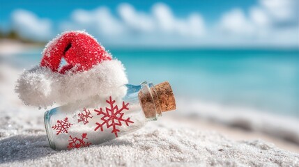 christmas Festive bottle with snowflakes and a Santa hat on a sandy beach.