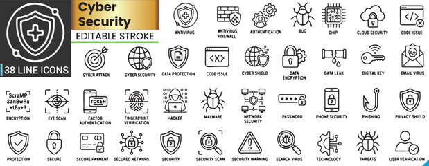 Naklejka premium Minimalist Cyber Security and Data Protection Line Icon Set with Editable Stroke. Featuring Internet Safety, Encryption, Privacy, and Hacker Protection Symbols.
