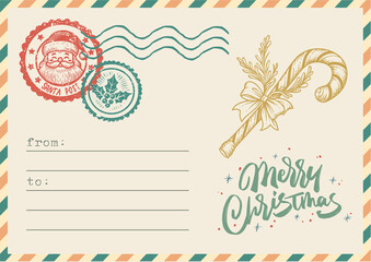 Retro Christmas Postcard Template with Candy Cane and Santa Stamp