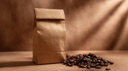 Brown paper bag of freshly roasted coffee beans on a rustic brown surface.