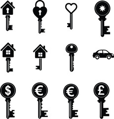 Set of twelve black and white key vector icons collection.