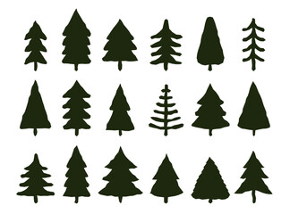 Christmas tree paper cut silhouette set. Black spruce pine with torn edge for Christmas and New Year