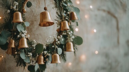 christmas Festive wreath adorned with bells and greenery on a textured background.