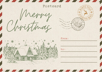 Vintage Christmas Postcard with Snowy House and Pine Forest Illustration