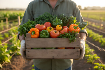 organic vegetable harvest with farmer carrying produce box