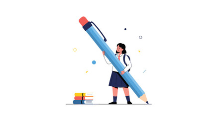 A creative concept of a young student in a school uniform holding a giant pencil ready to write learn and be creative.