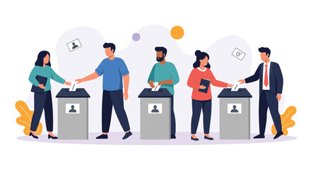 A diverse group of people are casting their ballots into voting boxes during an election to make their civic choice.