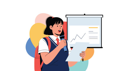 Young schoolgirl in uniform giving a presentation with a microphone and notes in front of a projector screen with a graph.