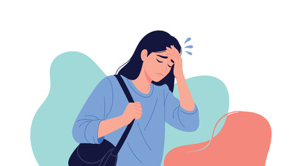 Tired and stressed young woman with a headache holding her forehead feeling unwell sick or exhausted from burnout or fatigue.