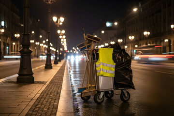 city street cleaning tools and safety vest under streetlights