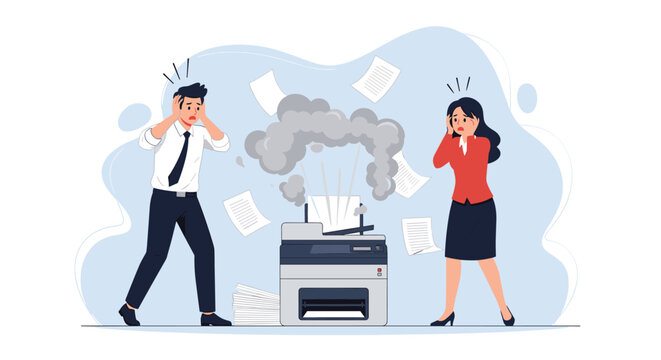 Stressed office workers a man and a woman panicking over a broken printer that is smoking and spitting out papers everywhere.