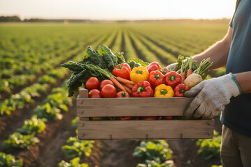 farmer holding crate of fresh organic vegetables in field