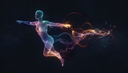 Radiant Human Form Crafted from Swirling Particle Light Trails, Capturing the Essence of Dynamic Energy and Digital Motion in a Luminous Abstract Composition