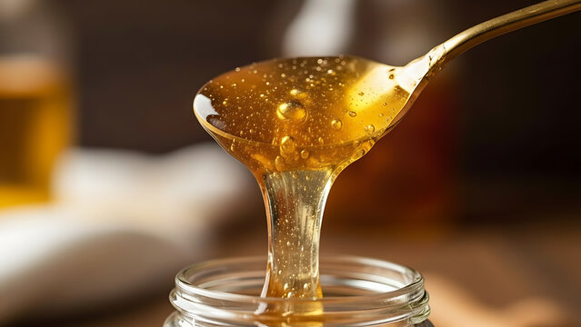 Golden honey dripping from a spoon into a glass jar, macro shot - Powered by Adobe