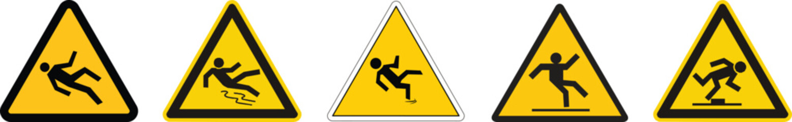 Ice Slippery Surface sign. Caution Signs for Snow and Ice Hazards. Alert for Slippery Road Conditions. Hazard slippery surface wet floor sign, vector illustration isolated on white background. 