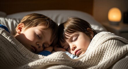 Two young children sleeping peacefully together in a cozy bed under a warm blanket.