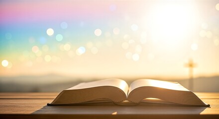 An open book on a wooden surface, bathed in warm light with a radiant, colorful bokeh background and a subtle cross.