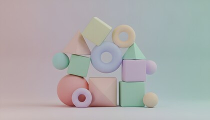 Abstract geometric shapes forming a playful structure, representing creativity and imagination in a soft pastel color palette