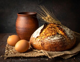 Rustic still life bread, eggs, jug, and wheat on a wooden surface