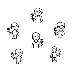 Collection of cute cartoon boys holding roses in different poses