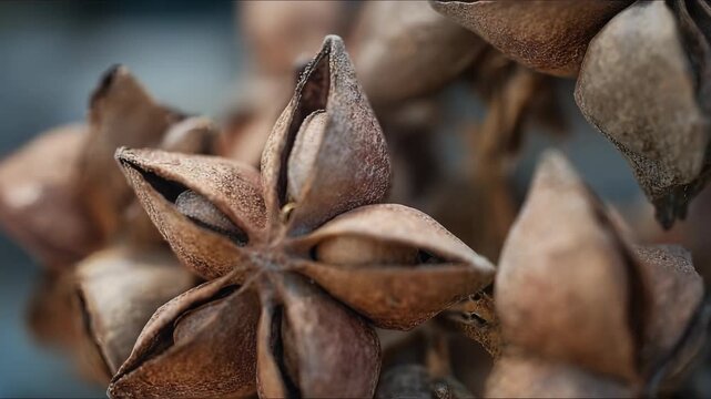 Macro Focus on Brown Star Anise Pods with Detailed Texture and Soft Natural Light Close Up View Spice Star Shaped