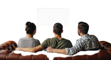 rear view of three casual young friends on a cognac chesterfield sofa, focused intently on a blank tv against a sunlit red brick wall, concept of cozy modern entertainment and friendship