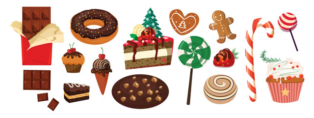 Christmas chocolate vector illustration. Christmas cookie set. Season cozy dessert food icon and yummy candies and steam.