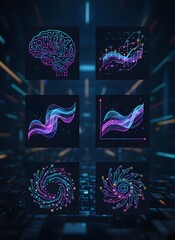Dynamic Collection of Neon Digital Art Illustrations Abstract Data Flow, AI Brain, and Futuristic Circuit Patterns on a Dark Tech Background