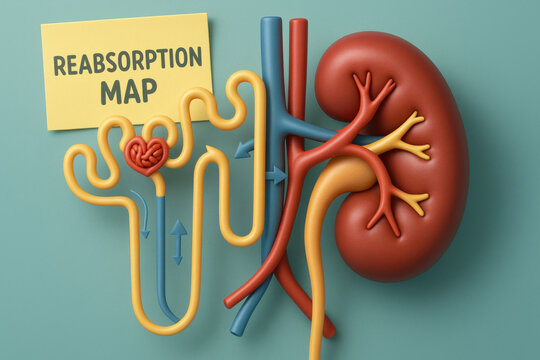 Clinical kidney reabsorption map showing filtration process. An educational model detailing water pathway and loop for medical study on soft teal background