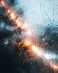 Moody rain-streaked glass surface with soft bokeh city lights in blue and orange tones creating an atmospheric cinematic background