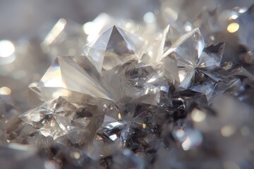 Sparkling clear crystal cluster captured in macro detail with sharp facets, soft reflections, and bright light creating a luxurious aesthetic
