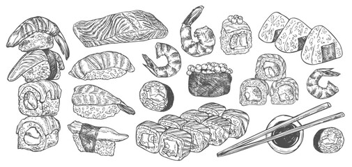 Japanese food. Vector illustration of sushi and sushi chopsticks. Sushi banner for restaurant. Black and white style.