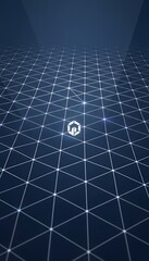 Abstract digital network grid expanding in a futuristic cyberspace with a central icon symbolizing secure data and advanced technological interconnectedness