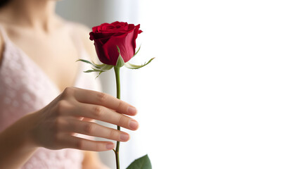 Woman holding a single vibrant red rose symbolizing love and affection indoors