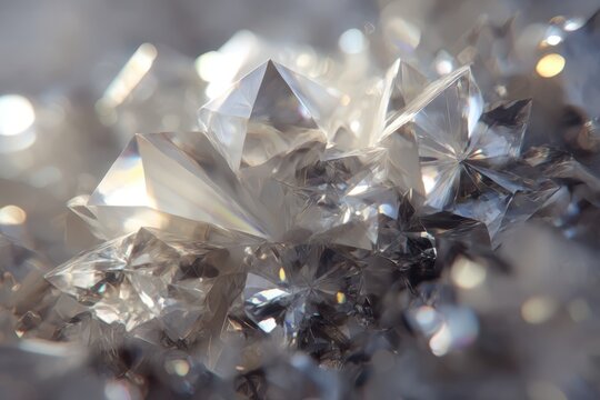 Sparkling clear crystal cluster captured in macro detail with sharp facets, soft reflections, and bright light creating a luxurious aesthetic