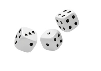 three high-gloss white polyhedral d6 dice with jet black pips, frozen dynamically mid-air against a seamless transparent commercial background. concept of chance and risk
