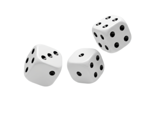 three high-gloss white polyhedral d6 dice with jet black pips, frozen dynamically mid-air against a seamless transparent commercial background. concept of chance and risk