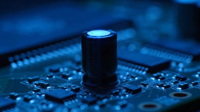 Close-up of computer motherboard with capacitor and components