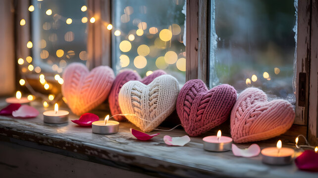 Cozy winter window display with illuminated hearts and flickering candlelight indoors - Powered by Adobe