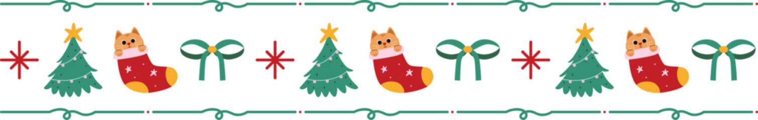 Christmas Border Cat in Sock Christmas Tree Ribbon Decoration
