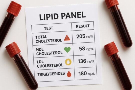 Lipid panel report displaying cholesterol and triglyceride test result surrounded by blood collection tube on white background medical laboratory diagnostic healthcare concept