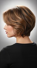 Side profile of a woman showcasing a stylish, wavy, layered bob haircut with warm brown and blonde highlights.