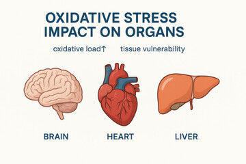 Medical infographic of oxidative stress impact on human organs. Health education illustration showing effect on brain, heart, and liver with tissue vulnerability
