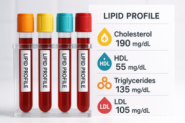 Blood test tube displaying lipid profile results with cholesterol HDL LDL triglycerides level medical laboratory diagnostic health screening clinical analysis report