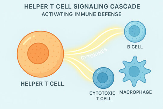 Medical infographic of helper t cell signaling cascade activating immune defense. An organized flow shows activation of b cell, cytotoxic t cell, and macrophage