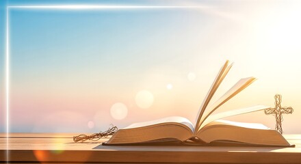 An open Bible, rosary, and cross rest on a wooden surface, bathed in warm, spiritual sunrise light.