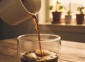 Pouring hot, dark coffee from a ceramic mug into a clear glass, creating a rich brown stream and fragrant steam, set against a warm, sunlit background with indoor plants