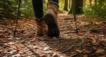 Fototapeta premium Feet of person in hiking boots walking on woodland path with sticks for support